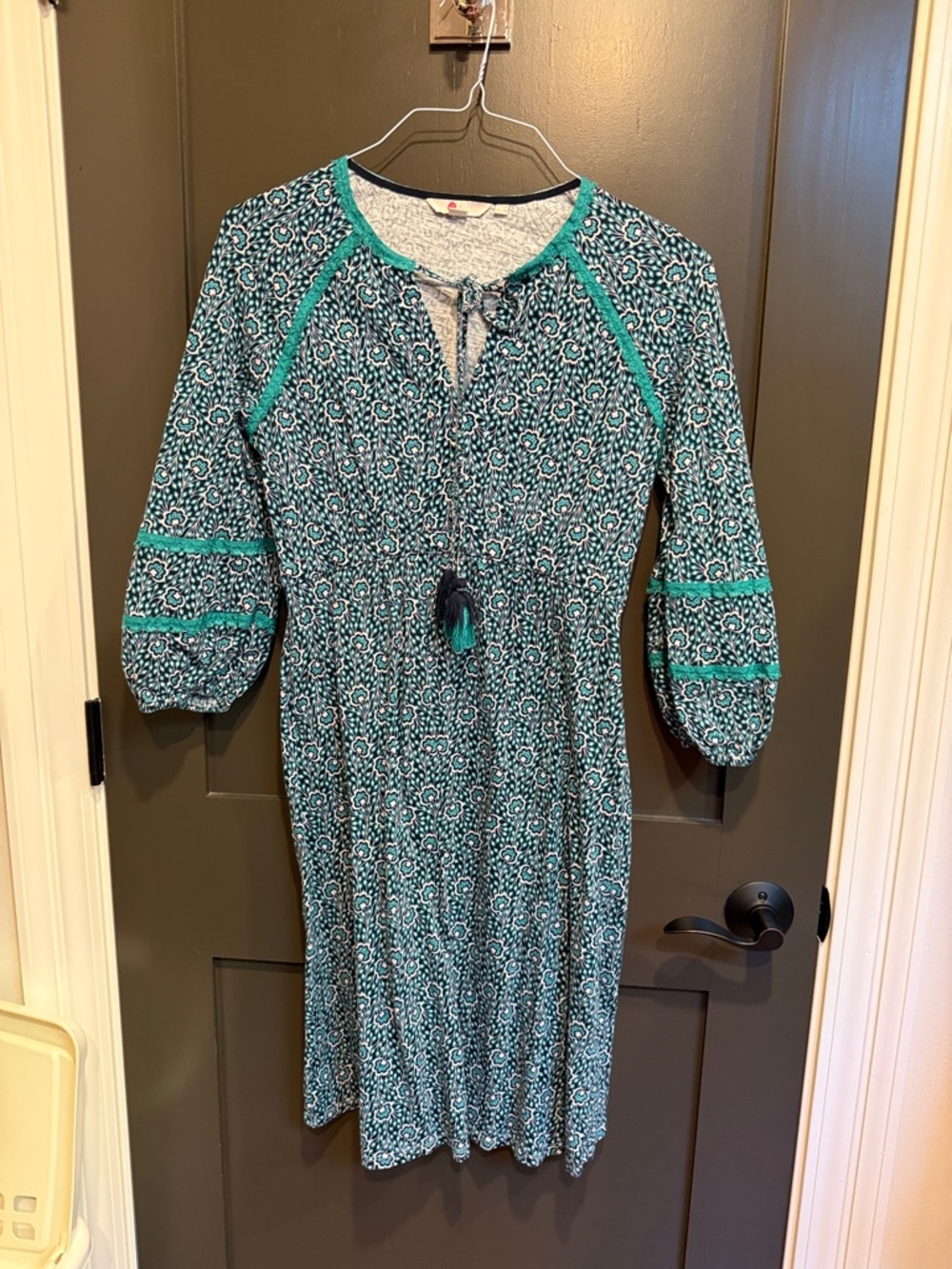 Boden Teal Printed Long Sleeve Cotton Dress